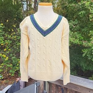 Boy's Kitestrings cable knit sweater, v-neck, yellow blue green, sz 7